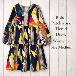 Boho Patchwork Tiered Tunic Dress Loose Fit Women’s Medium